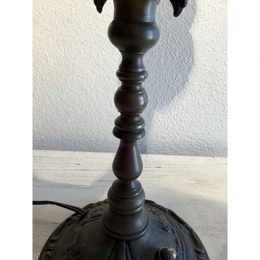 Vintage Brass Desk Table Lamp w/ Black And‎ Gold Designed Shade 4 Candle Lights
